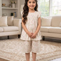 Pink Green Flower Cream Frock & Short Girls (R-194)