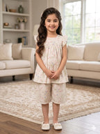 Pink Green Flower Cream Frock & Short Girls