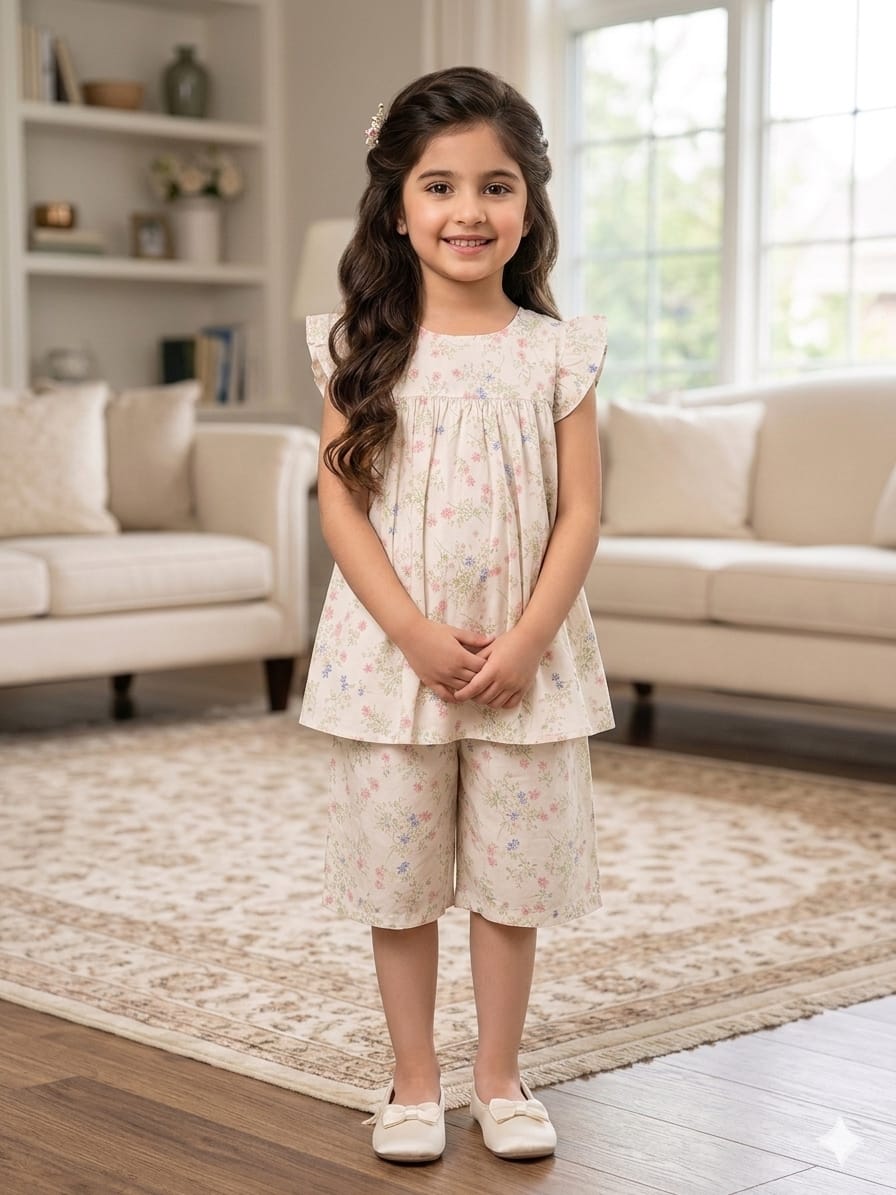 Pink Green Flower Cream Frock & Short Girls (R-194)