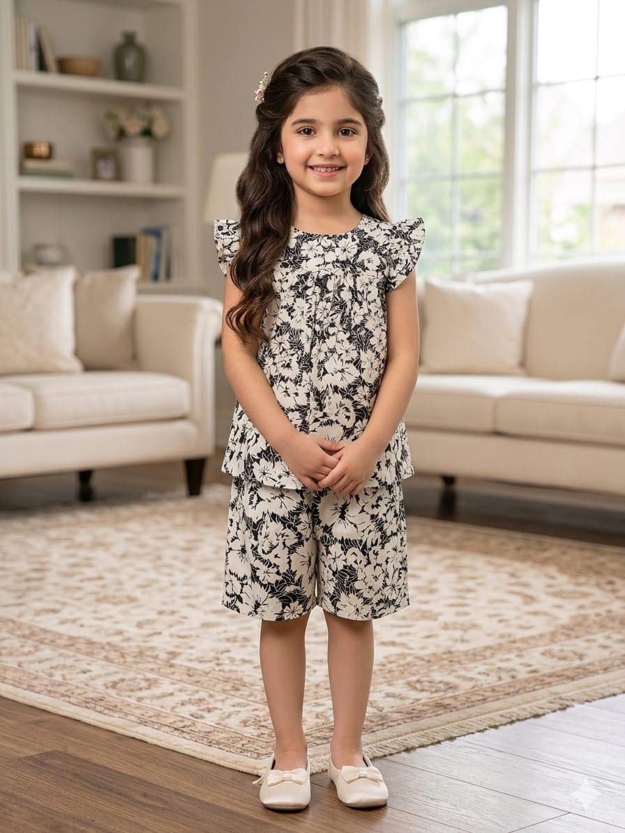 Black Pattern Cream Frock & Short Girls