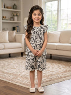 Black Pattern Cream Frock & Short Girls