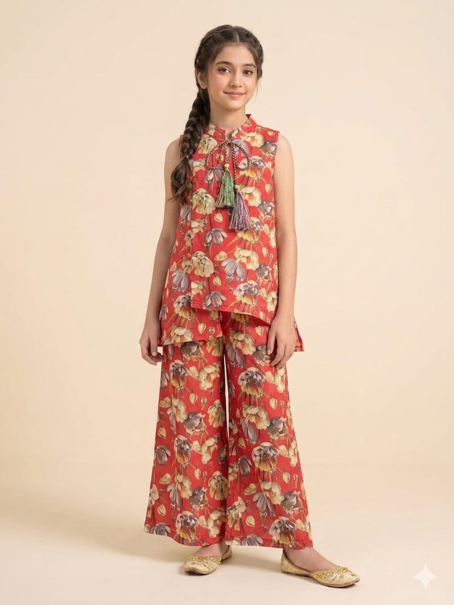 Gray Tulip Flower Red Angrakha Style Pairs Girls (R-209)