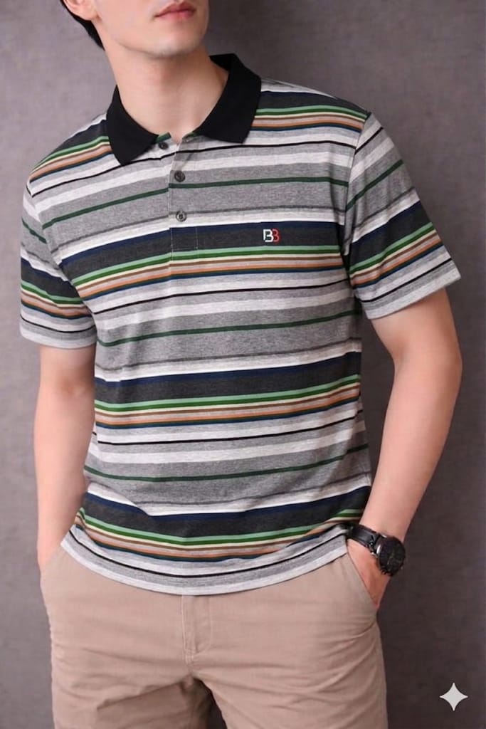 CharcoalStriper Oatemal Collar T-Shirt-Mens