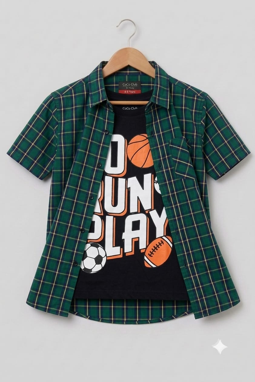 Go Run Play Black Inner Green Double Casual Shirt Boys