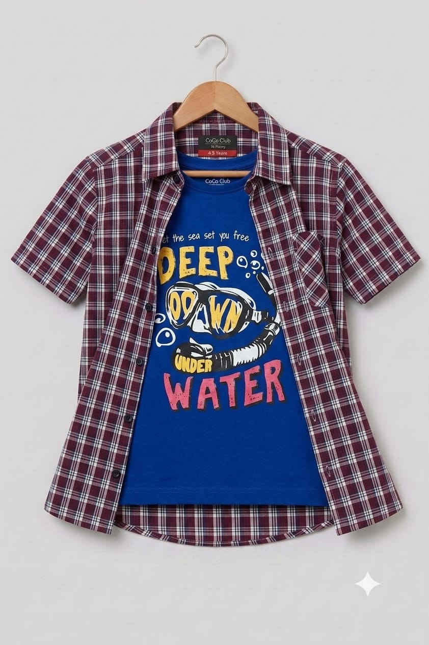 Deep Water Blue Inner Mahroon Double Casual Shirt Boy