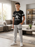 New York Print Black Trouser Shirt Boys (R-400)