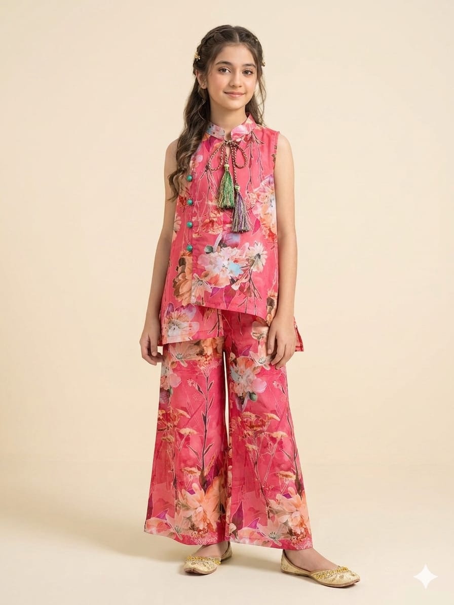 Multi Leaves Sleeveless Carrot Angrakha Style Pairs Girls (R-533)