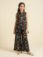 Yellow Flower Sleeveless Black Angrakha Style Pairs Girls (R-533)