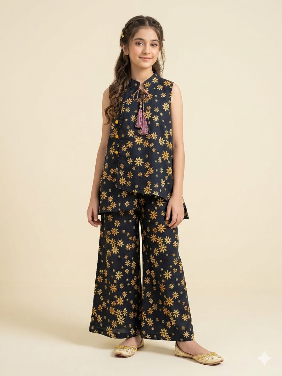Yellow Flower Sleeveless Black Angrakha Style Pairs Girls (R-533)