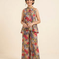 Red Flower Sleeveless Grey Angrakha Style Pairs Girls (R-533)