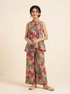 Red Flower Sleeveless Grey Angrakha Style Pairs Girls (R-533)