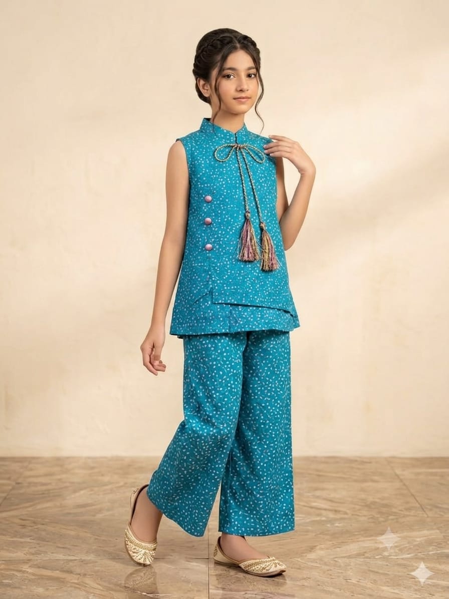 Multi Dots Sleeveless Teal Angrakha Style Pairs Girls (R-533)