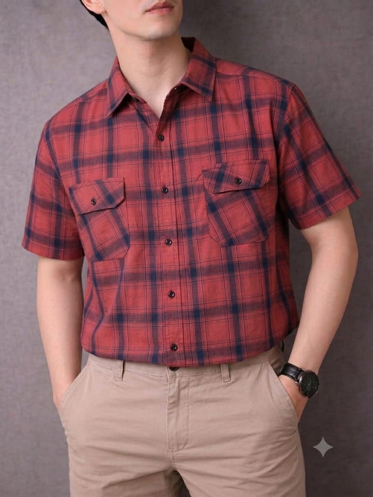 Both Side Pocket Half Sleeve Carrot Check Casual Shirt Men's ( R-101 N )