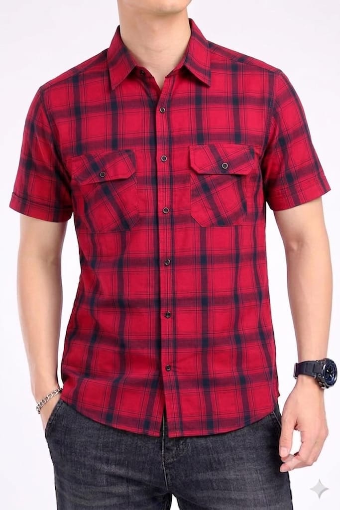 Both Side Pocket Half Sleeve Red Casual Shirt Men's (R-324 N)