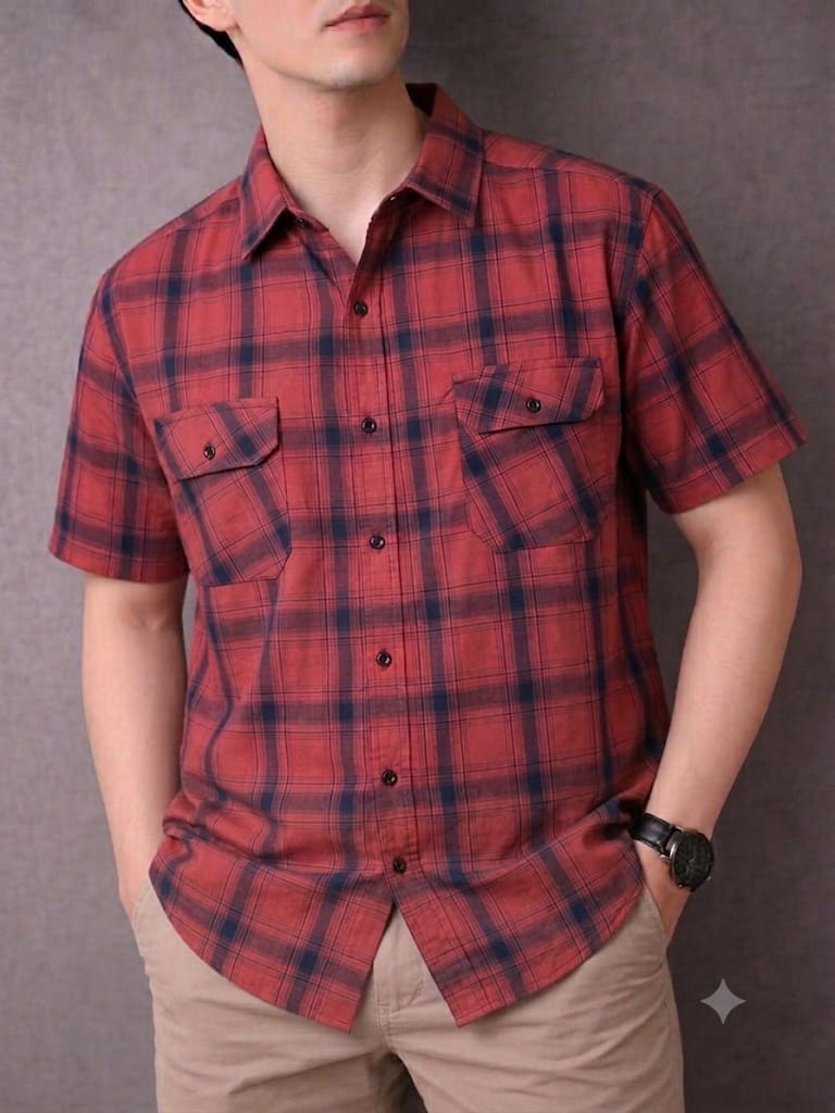 Both Side Pocket Half Sleeve Carrot Check Casual Shirt Men's ( R-101 N )