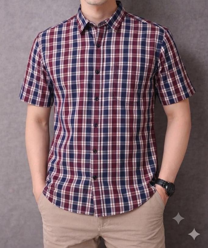 Multi Check Half Sleeve Mahroon Casual Shirt Men's (R-41)