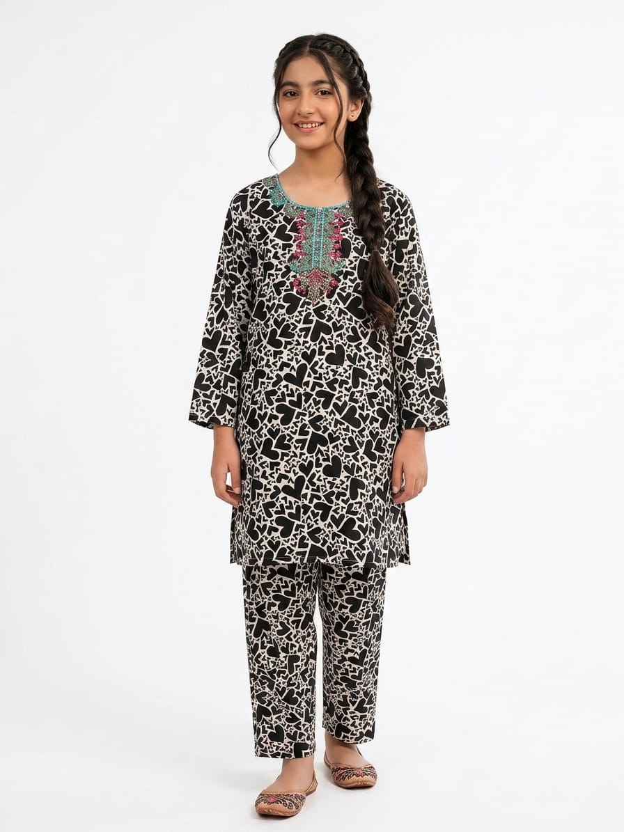 Front Embroidery Heart Print White 2Pcs Suit Girls