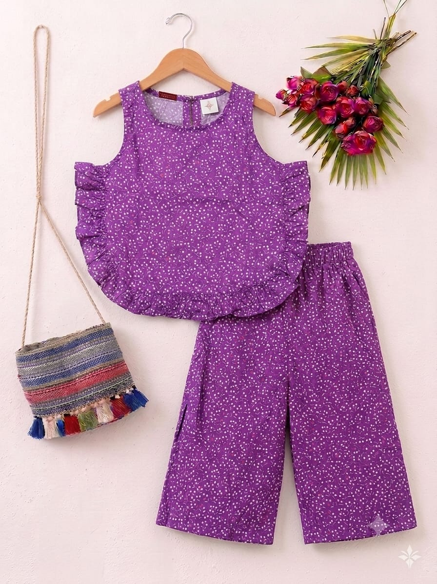 ( 2 ) White Dots Print Sleeveless Purple Pair Girls