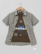 Spiderman Brown Inner  Brown Check Double Casual Shirt Boys (R-363)