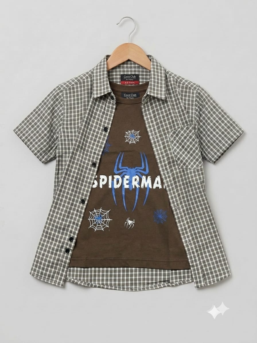 Spiderman Brown Inner  Brown Check Double Casual Shirt Boys (R-363)
