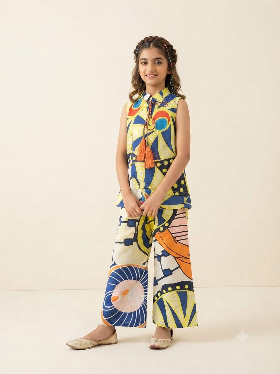 Geometric Print Cream Angrakha Style Suit- Girls