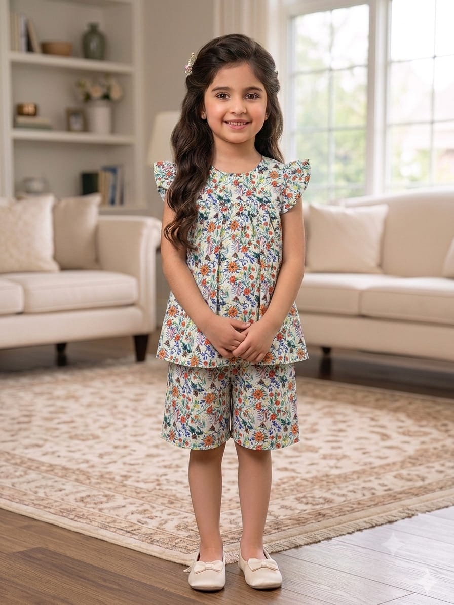 Red Flower White Frock & Short Girls