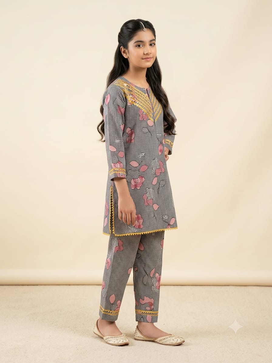 Front Lase Pink Flower Grey 2-Piece Suit Girls