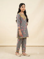 Front Lase Pink Flower Grey 2-Piece Suit Girls