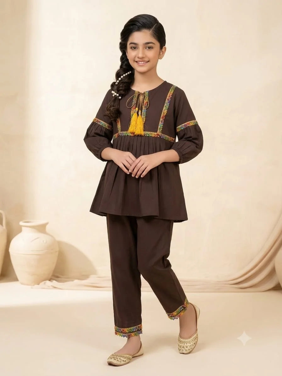 Front Lase Chocolate 2Pcs Suit-Girls