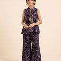 White Leaves Print Dark Purple Angrakha Style Suit- Girls ( R-91 )