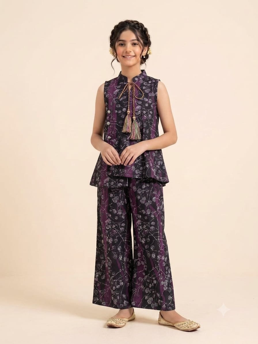 White Leaves Print Dark Purple Angrakha Style Suit- Girls