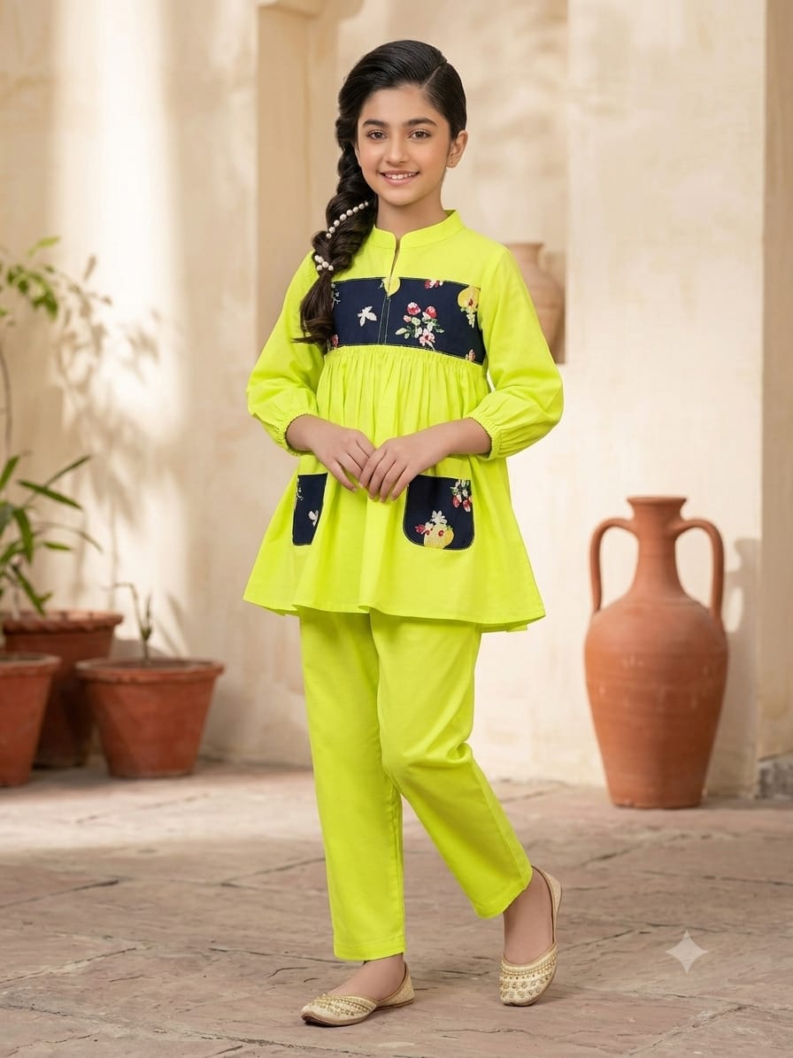 Both Side Pocket Lime Green 2Pcs Suit-Girls