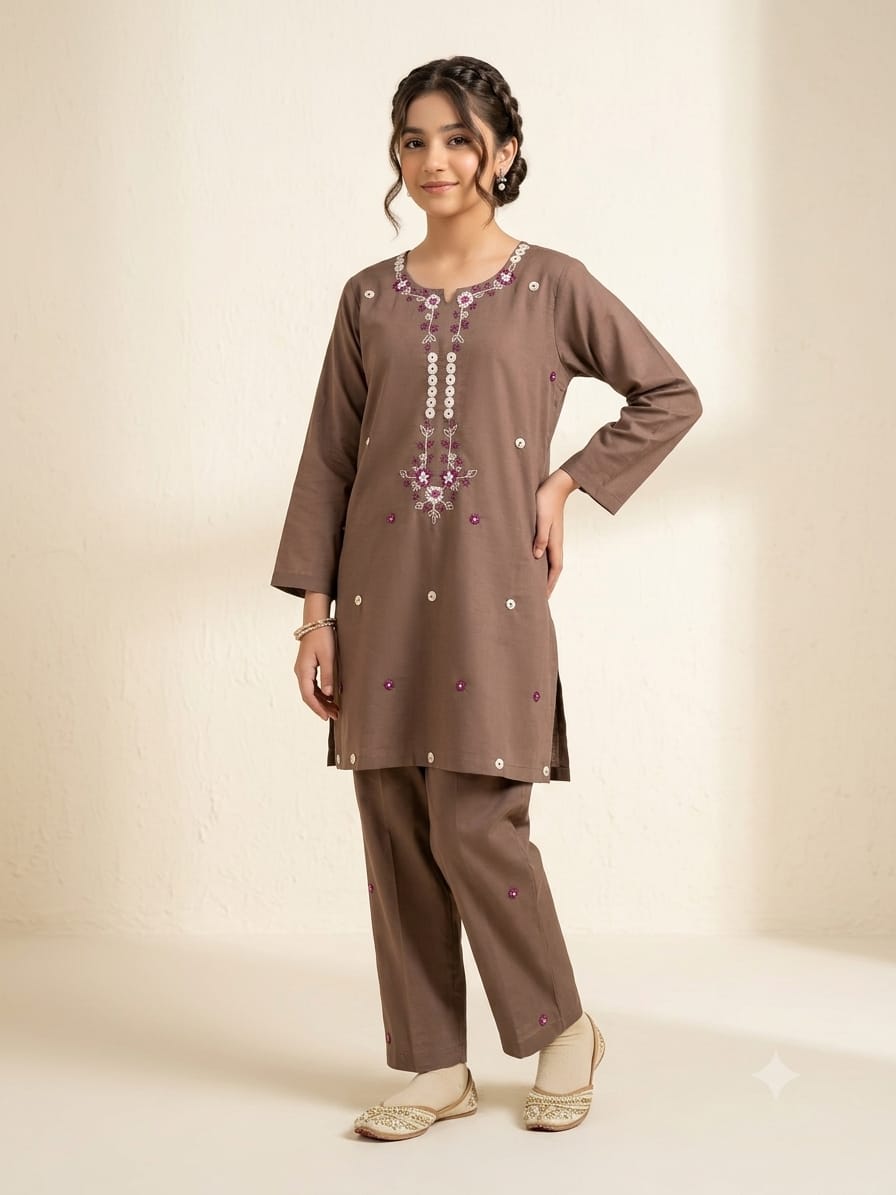 Embroidery All Over Print  Brown Suit Girls