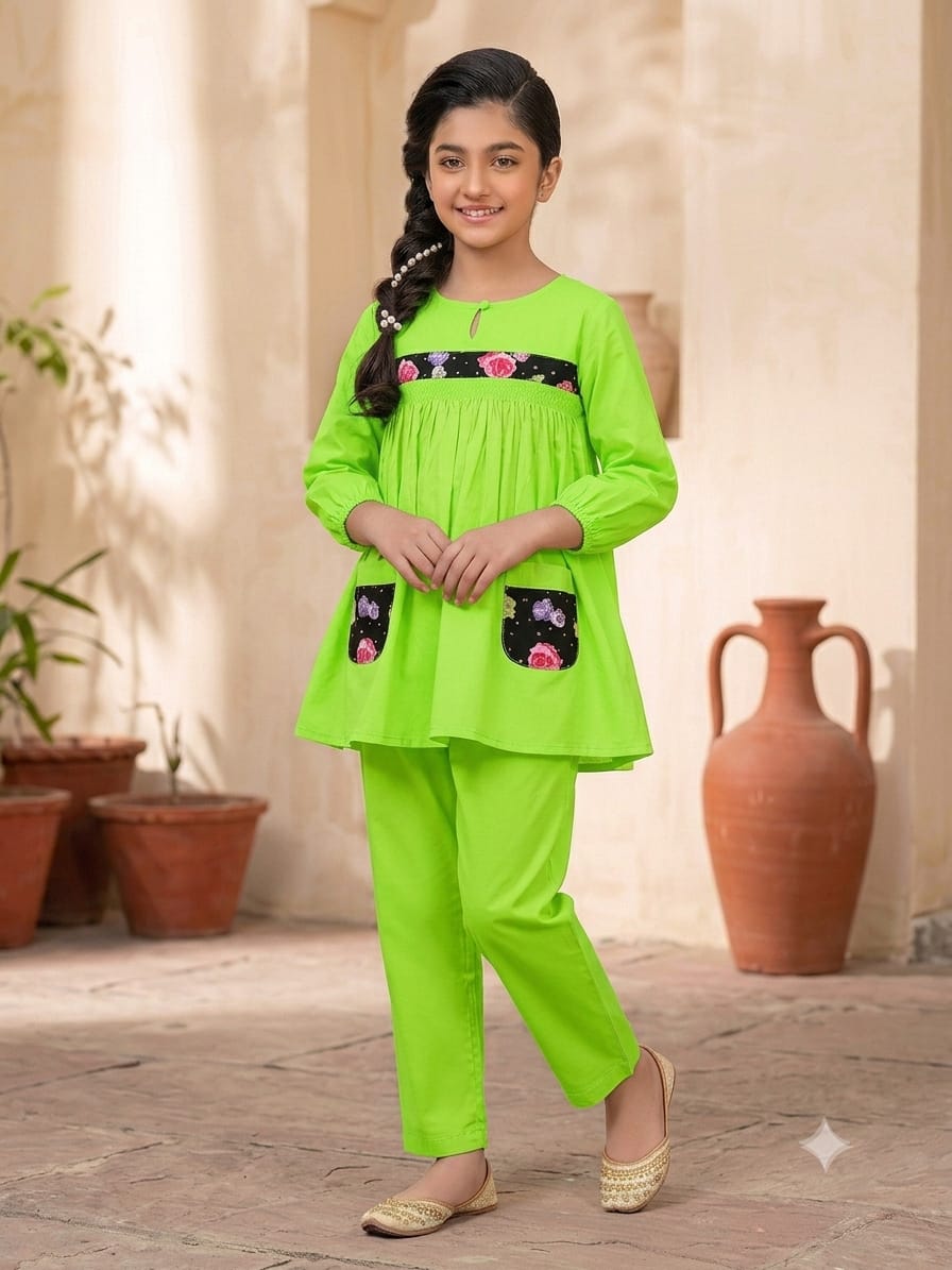 Both Side Pocket Lime 2Pcs Suit-Girls