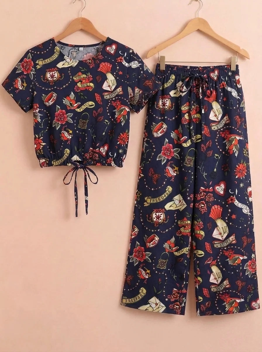Multi Pattern Half Sleeve Navy Skate Fish Girls ( R-514 )
