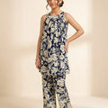White Flower All Over Print Sleeveless Navy 2Pcs Suit-Girls ( R-541 )