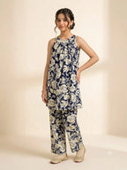White Flower All Over Print Sleeveless Navy 2Pcs Suit-Girls