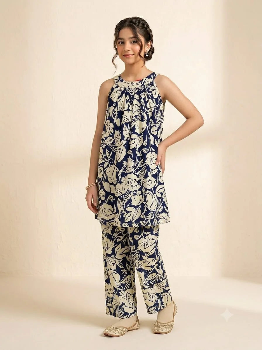 White Flower All Over Print Sleeveless Navy 2Pcs Suit-Girls
