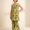 Yellow Flower All Over Print Sleeveless Grey 2Pcs Suit-Girls