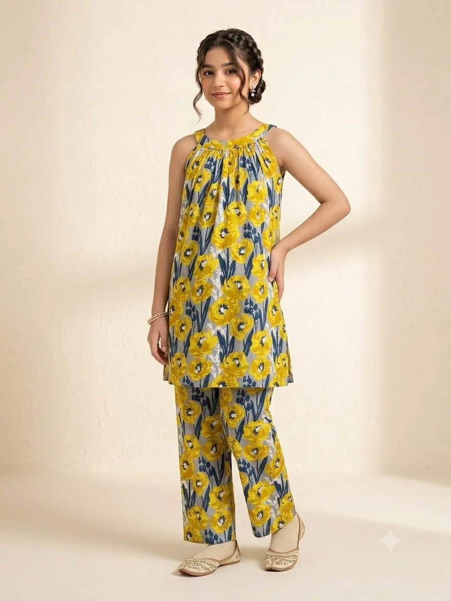 Yellow Flower All Over Print Sleeveless Grey 2Pcs Suit-Girls