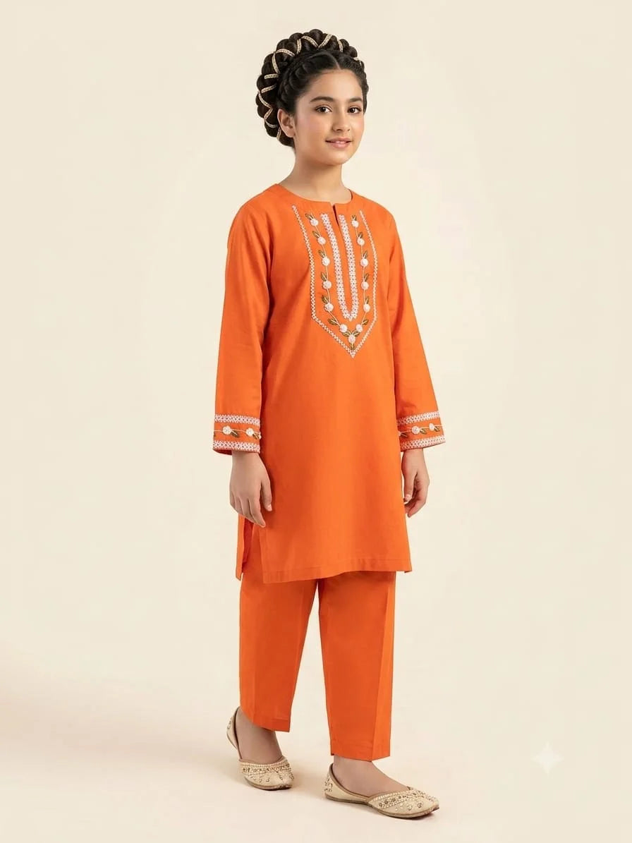 Front Embroidery Orange 2 Pcs Suit Girls