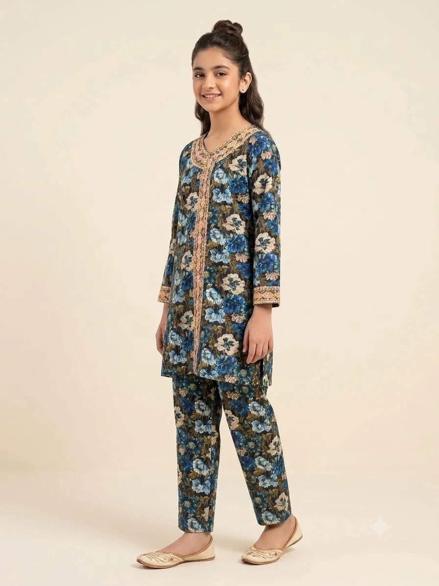 Front Embroidered Brown Flower Angrakha Style 2-Piece Suit Girls
