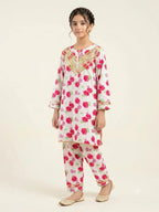 Front Lase Red Rose White 2 Pcs Suit Girls