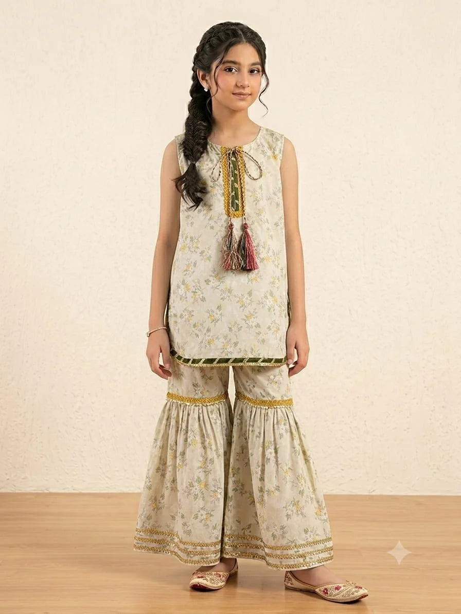 Yellow Flower Off-White Gharara Suit Girls