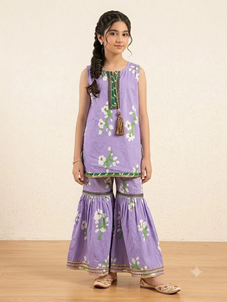 White Flower Print Light Purple Gharara Suit Girls