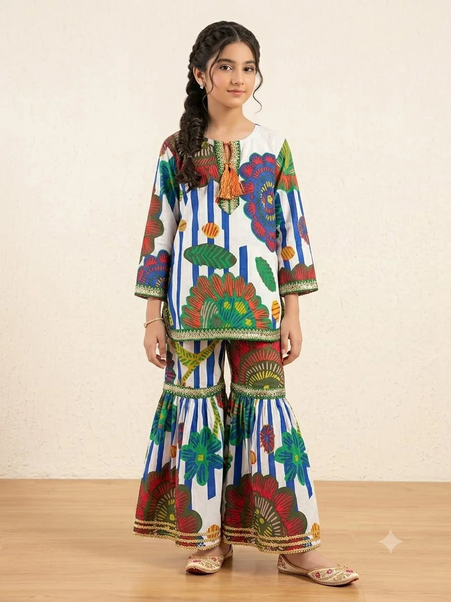 Floral Striper Print White Gharara Suit Girls