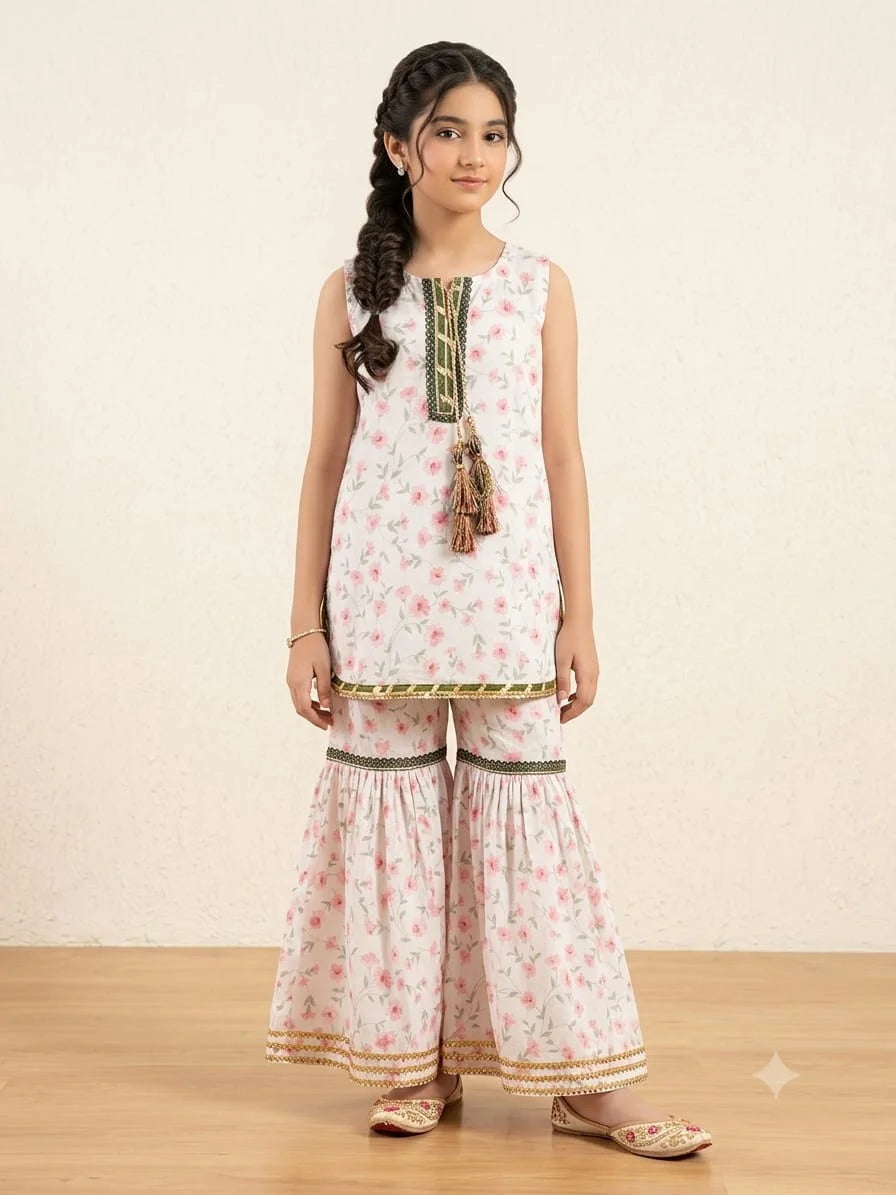 Red Flower White Gharara Suit Girls