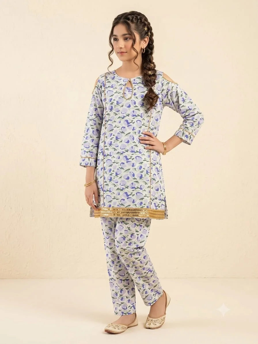Green & Blue Leaves White 2 Pcs Suit Girls ( R-41 )