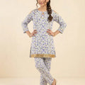 Green & Blue Leaves White 2 Pcs Suit Girls ( R-41 )