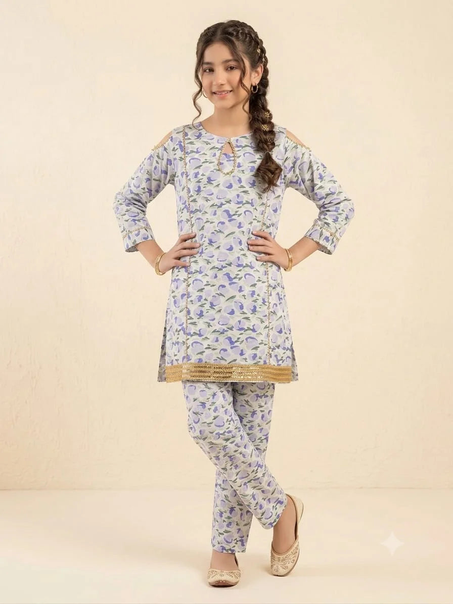 Green & Blue Leaves White 2 Pcs Suit Girls